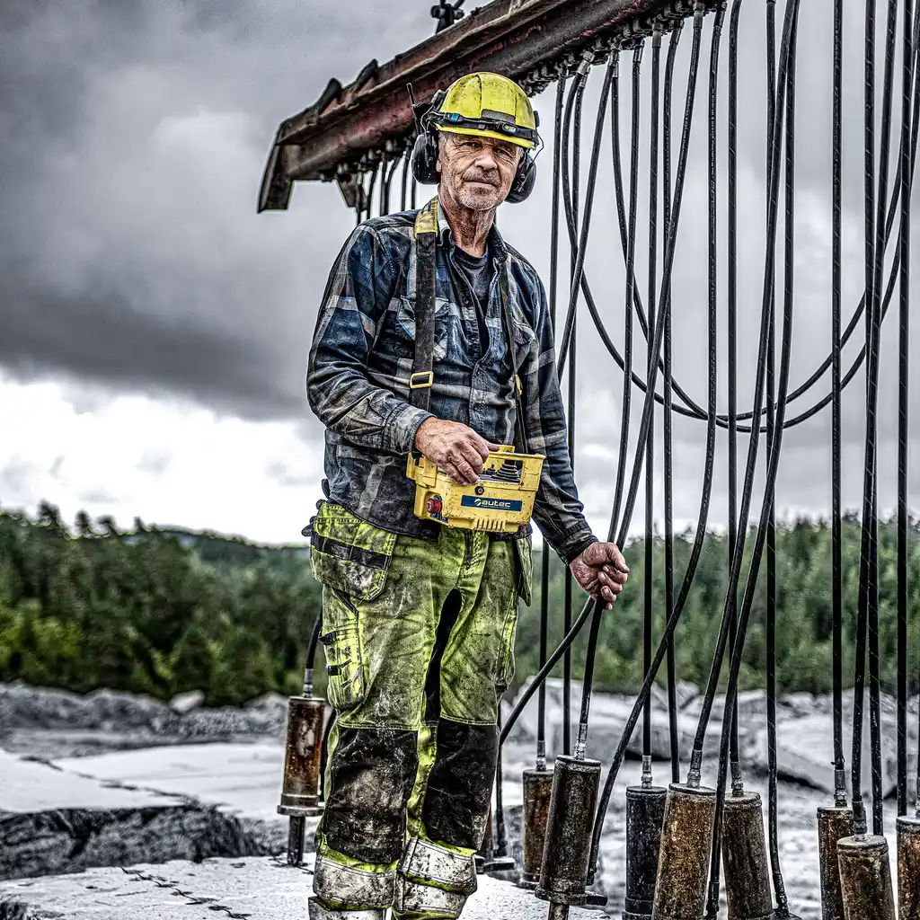 Arbeider i industri med verneutstyr som jobber utendørs